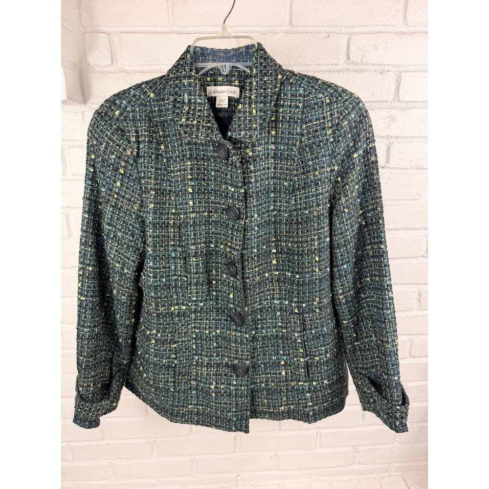 Tweed Coldwater Creek PM 10-12 Teal Green Multicolor Boucle Blazer Jacket